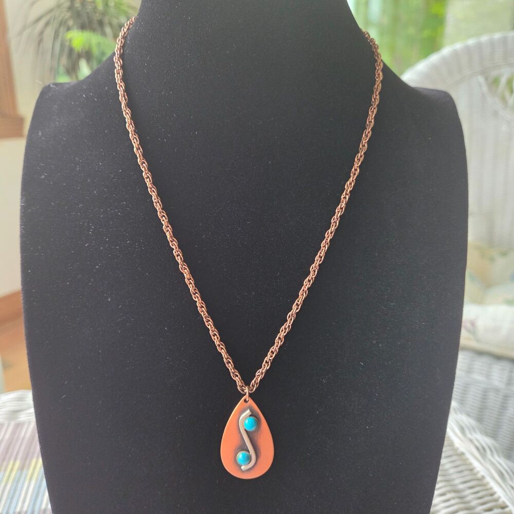 Boho Sterling On Copper Teardrop Pendant Necklace with Turquoise Accents 18"L